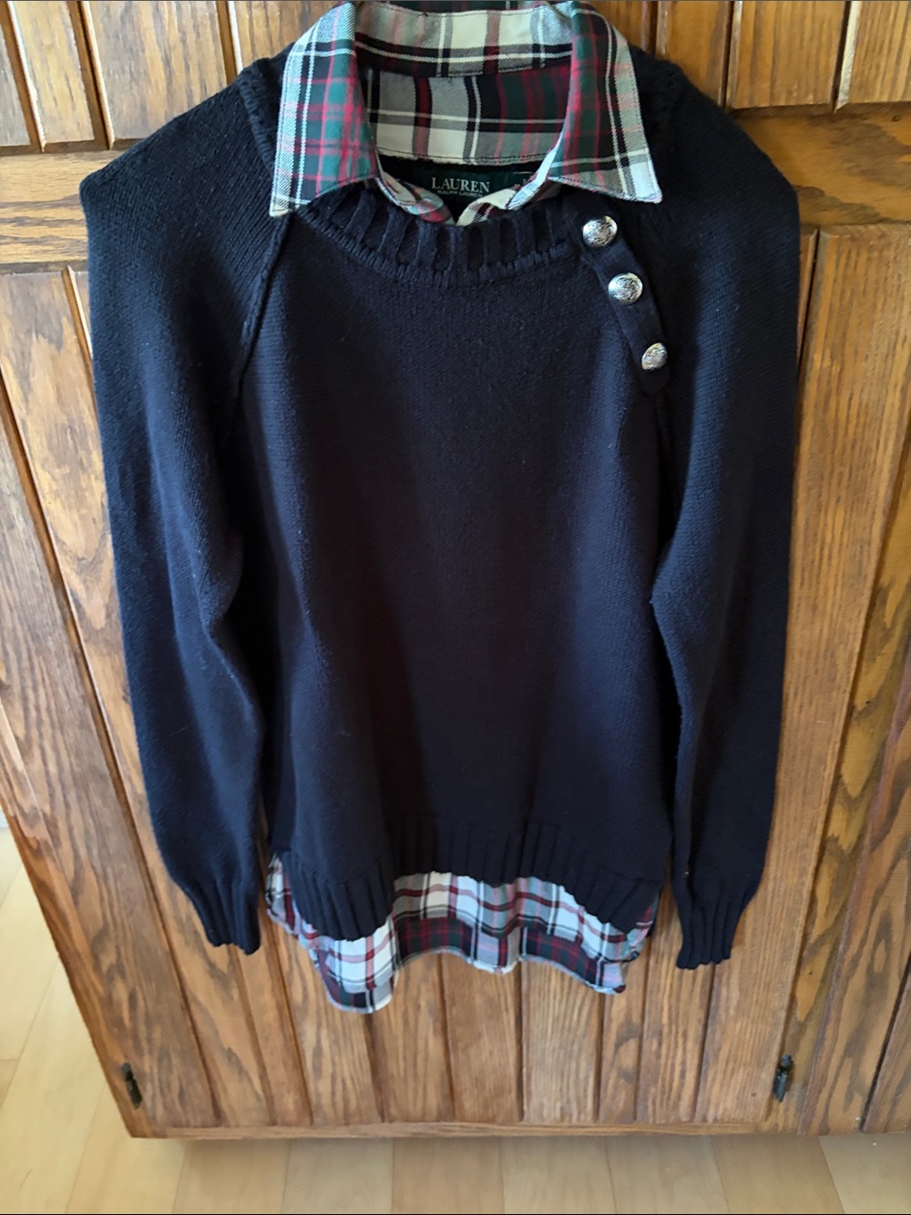 Lauren Ralph Lauren black Sweater with Plaid Trim and Shoulder Buttons Size M